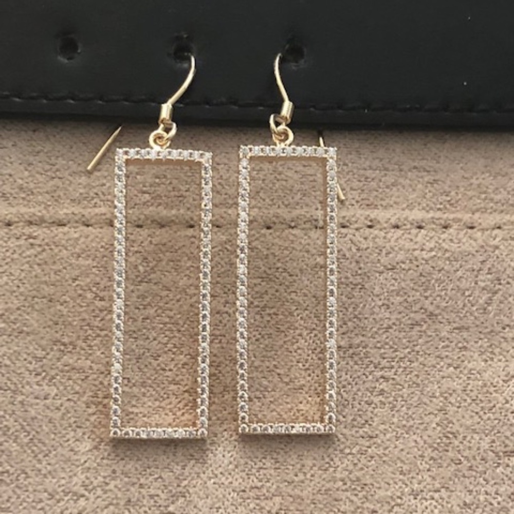 Gold Rectangle Pave Drop Earrings